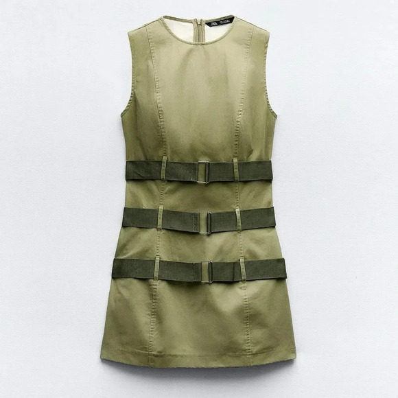 ZARA BELTED WAXED BLOGGERS FAMOUS GREEN DRESS - Picture 5 of 9